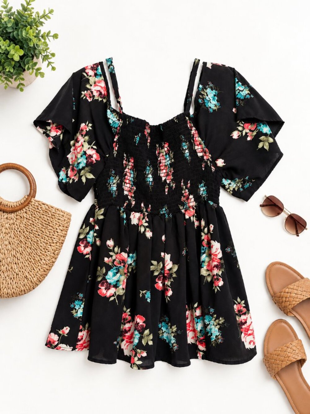 Torrid Size 1X Black Floral Smocked Off Shoulder Peplum Top